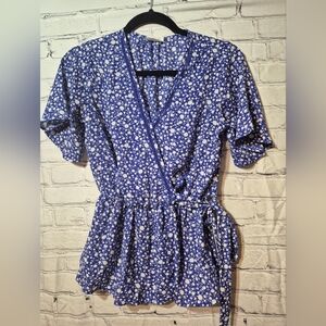 Floral Wrap Top - Blue and White SIENNA Sky Deep V- Neck Tie‎ Side Size XS  001